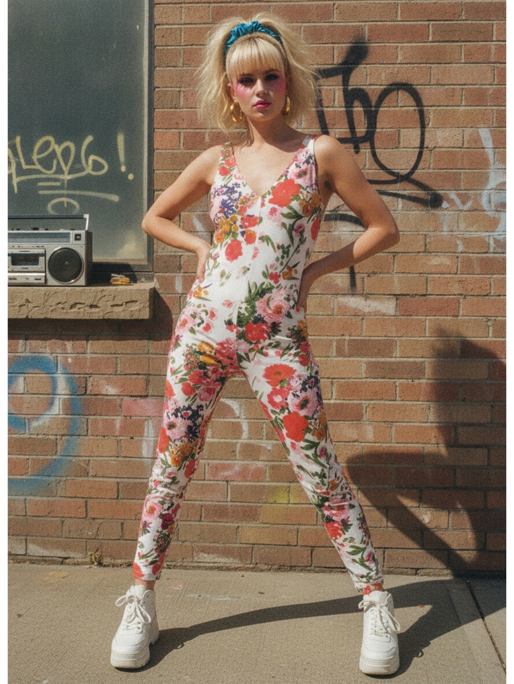 Express tricot 80’s 90’s vintage jumpsuit play suit jumper  Floral Cotton Size S